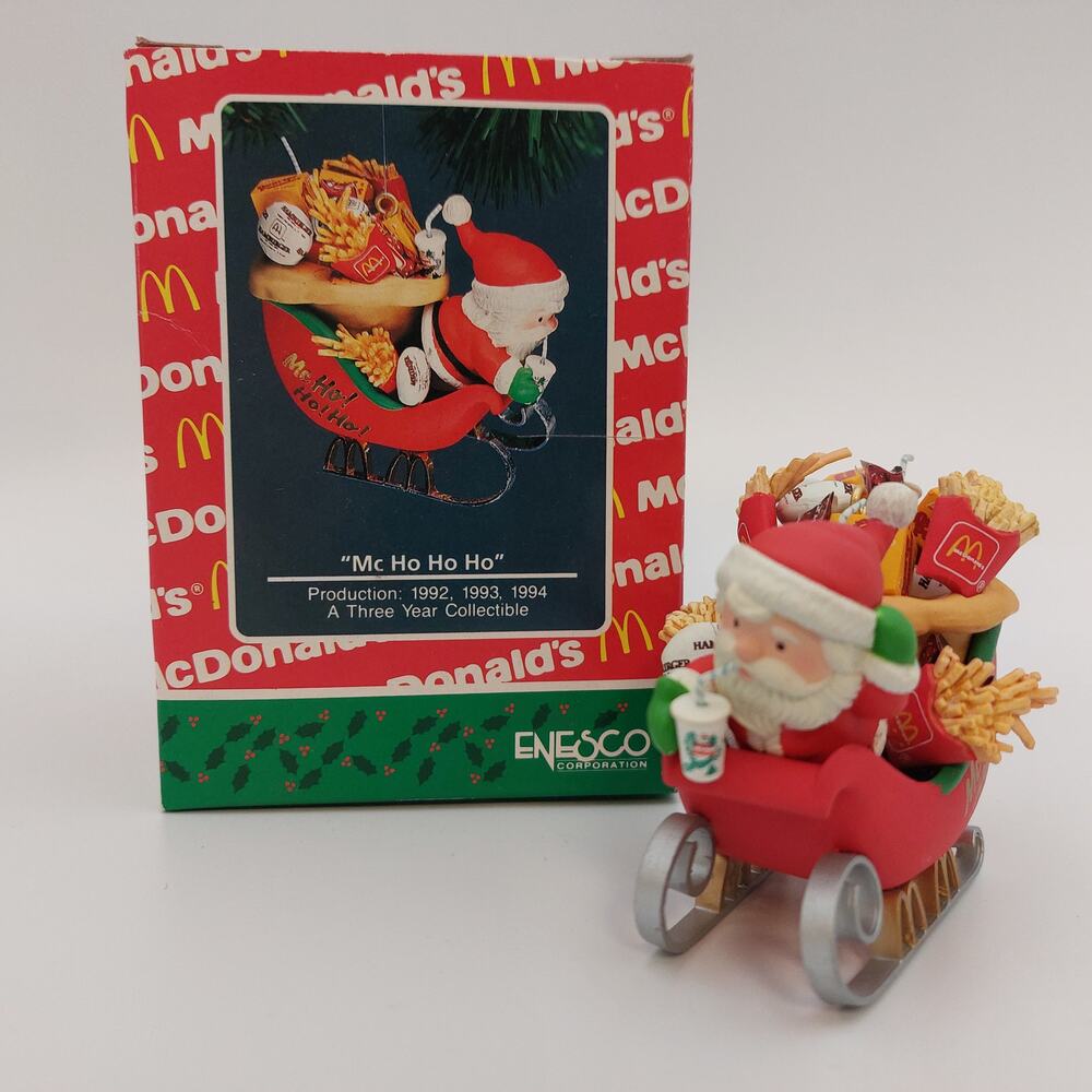Vtg 1994 McDonalds Enesco Ornament Mc Ho Ho Ho Santa Fry Sleigh Christmas W Box